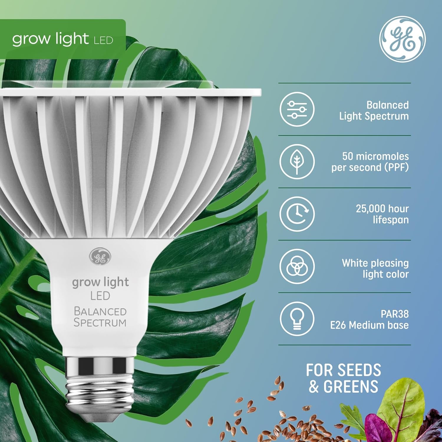 Grow LED Light Bulb for Plants Seeds and Greens with Balanced Light Spectrum, PAR38 Floodlight (1 Pack)
