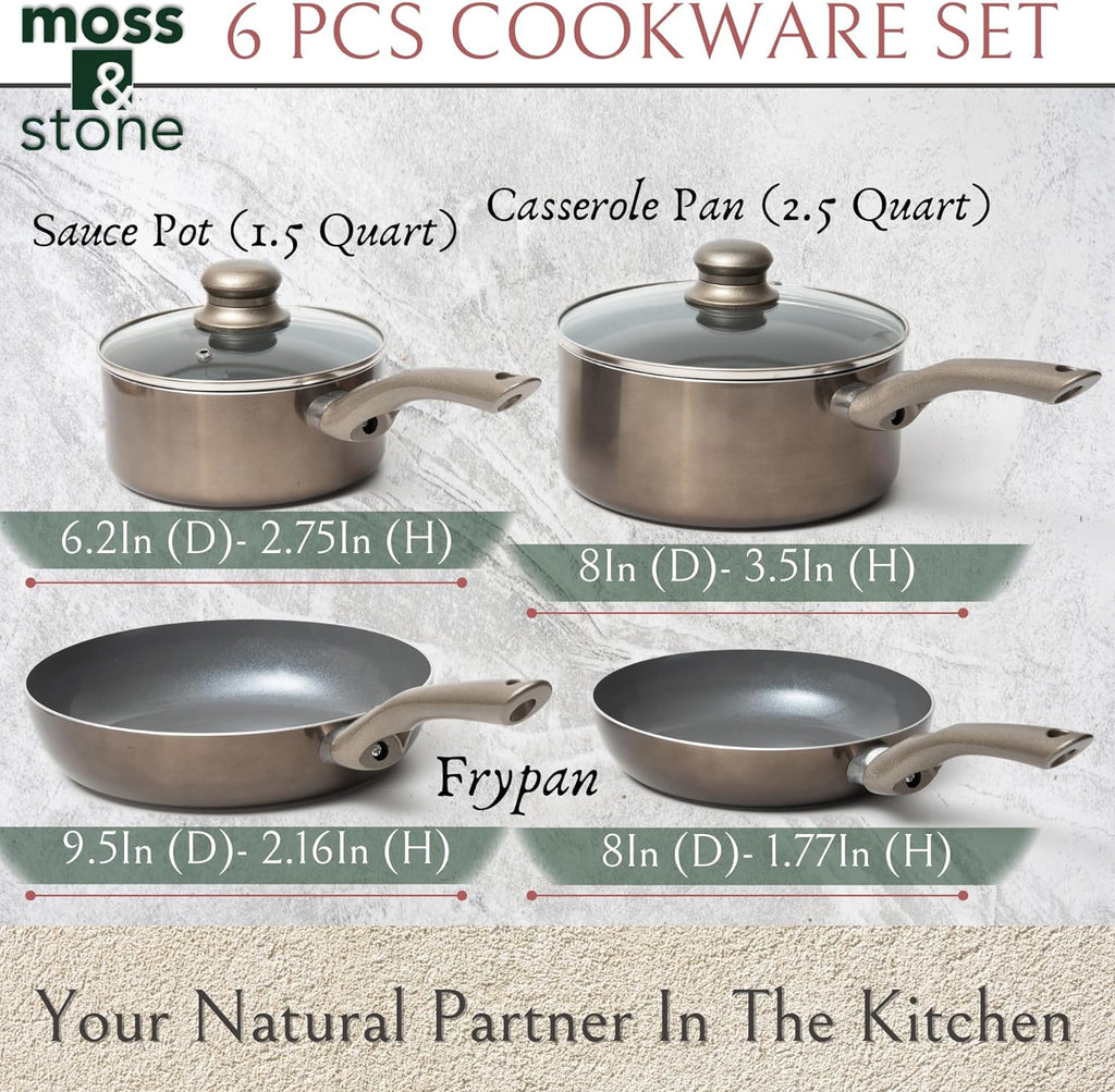 6 Piece Nonstick Cookware Set, Aluminum Pots and Pans, Induction Cookware Pots and Pans Set with Glass Lid, Home Kitchen Ware Pots Pan Set with Non-Stick Coating, Ptfe/Pfoa Free.